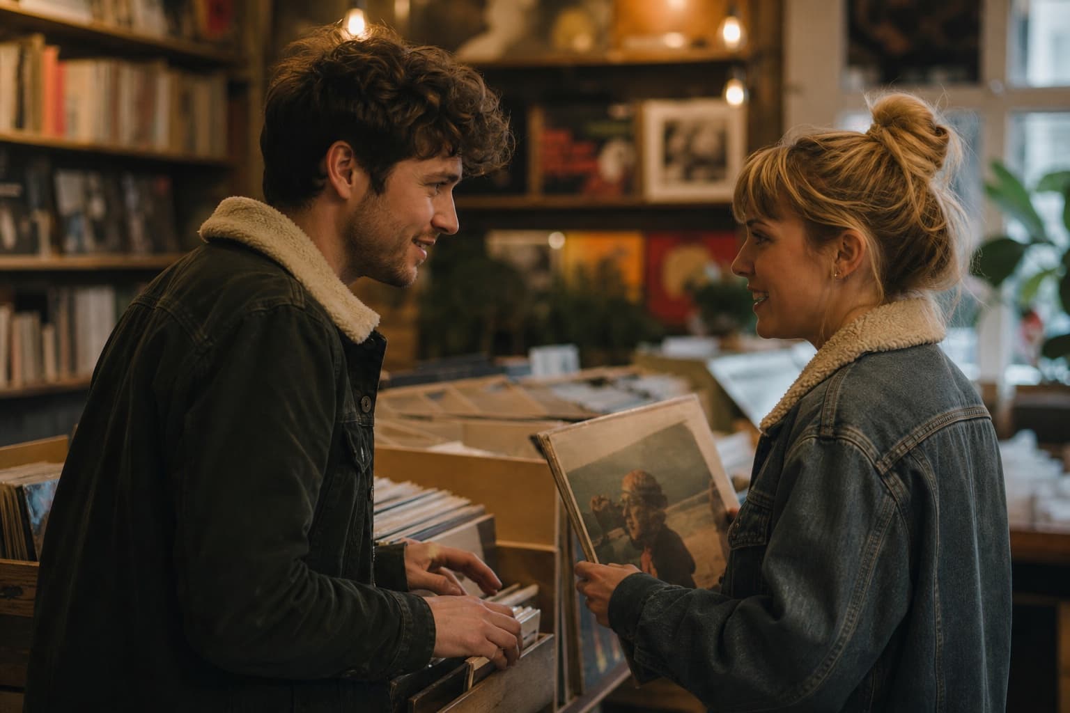 Couple browsing records together in an indie shop