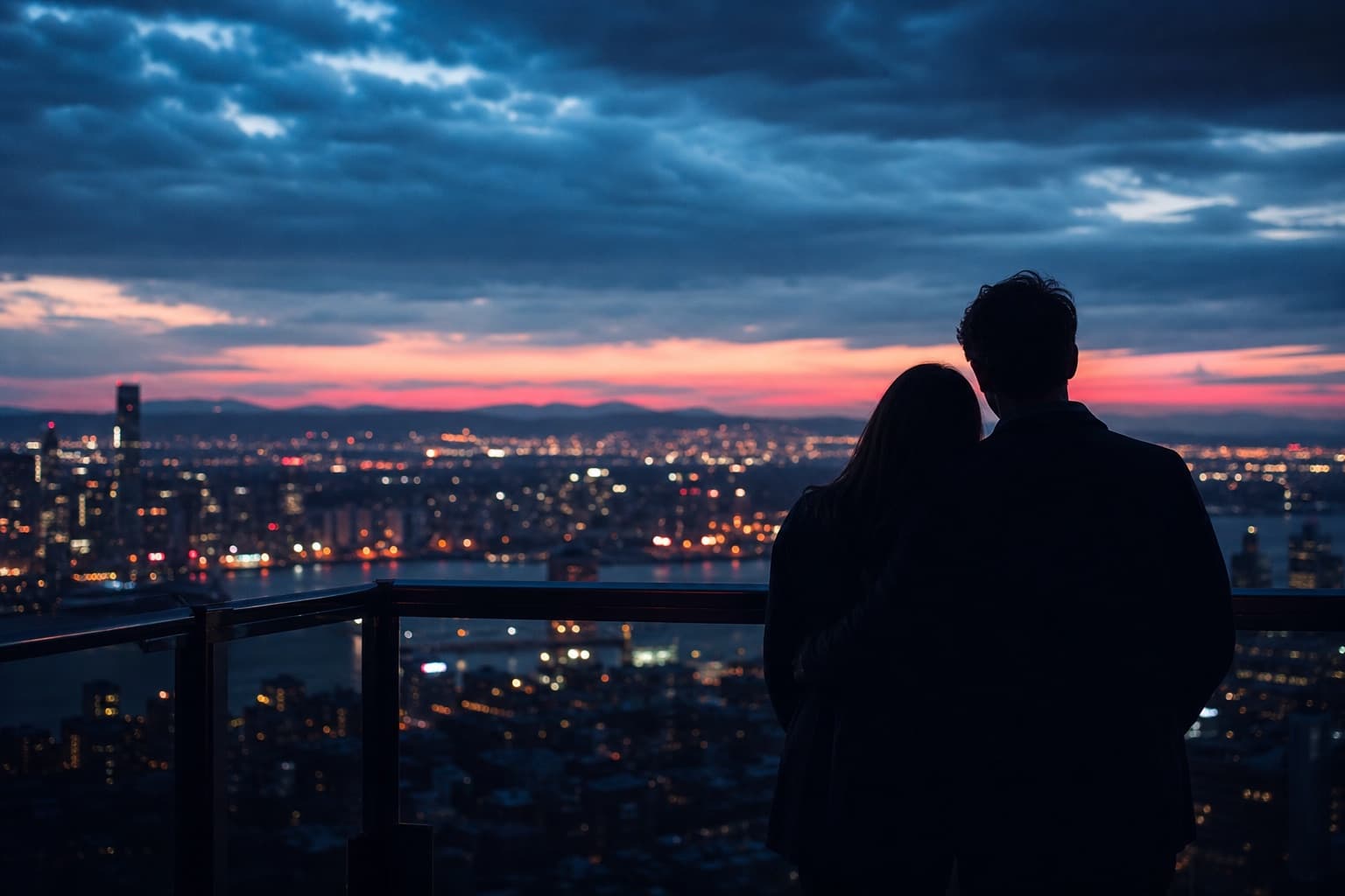 Couple silhouettes overlooking city lights at dusk