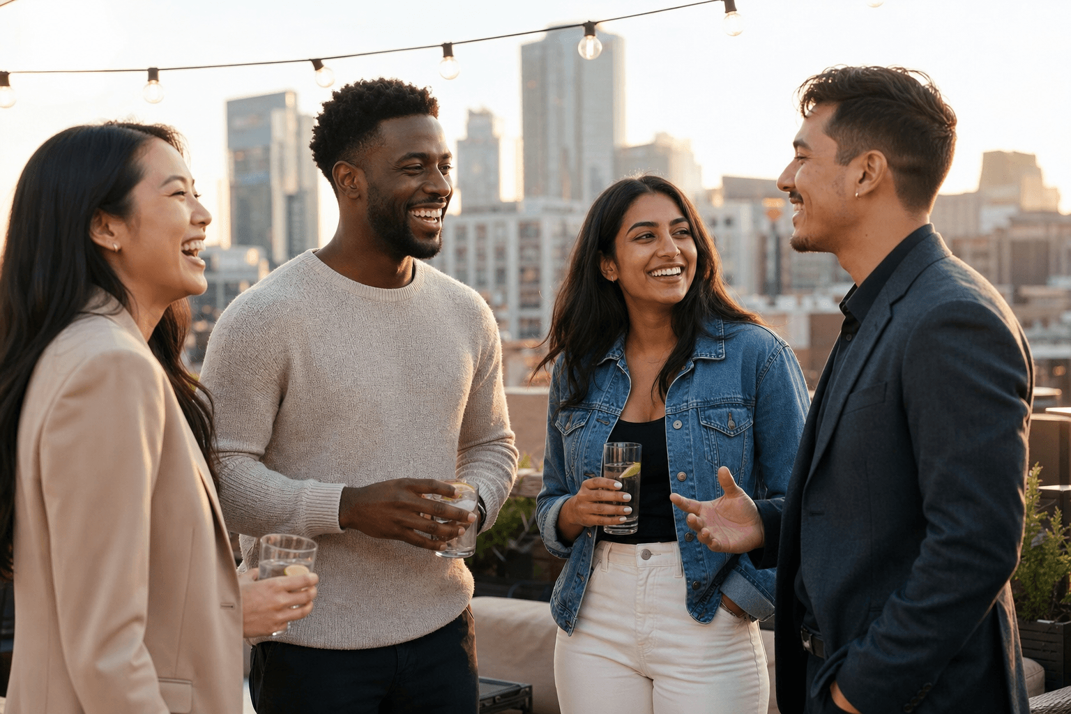 Four adults — two men and two women of different backgrounds — socializing on an urban rooftop terrace