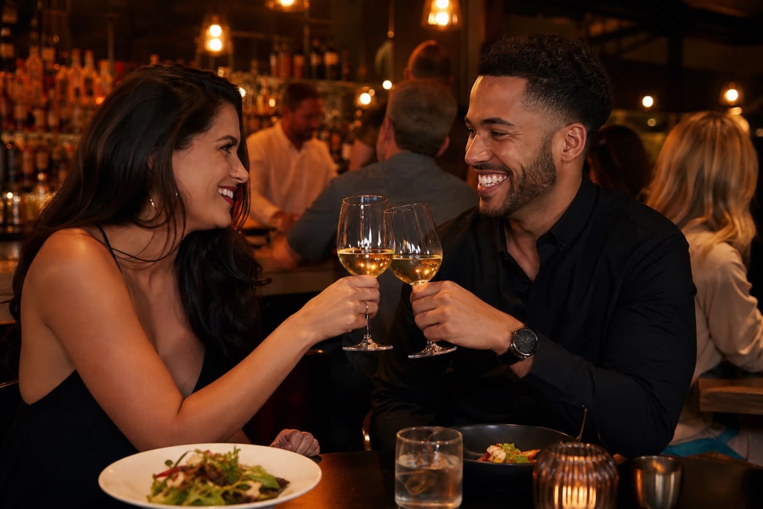 Happy couple meeting for dinner at a restaurant bar