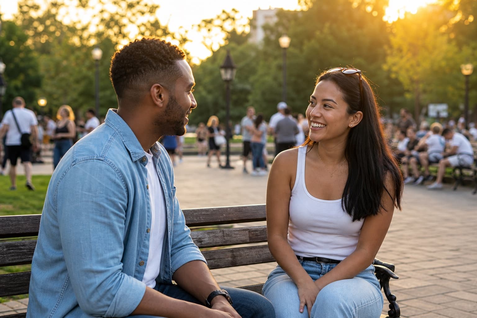 Couple meeting for a date in a busy public park