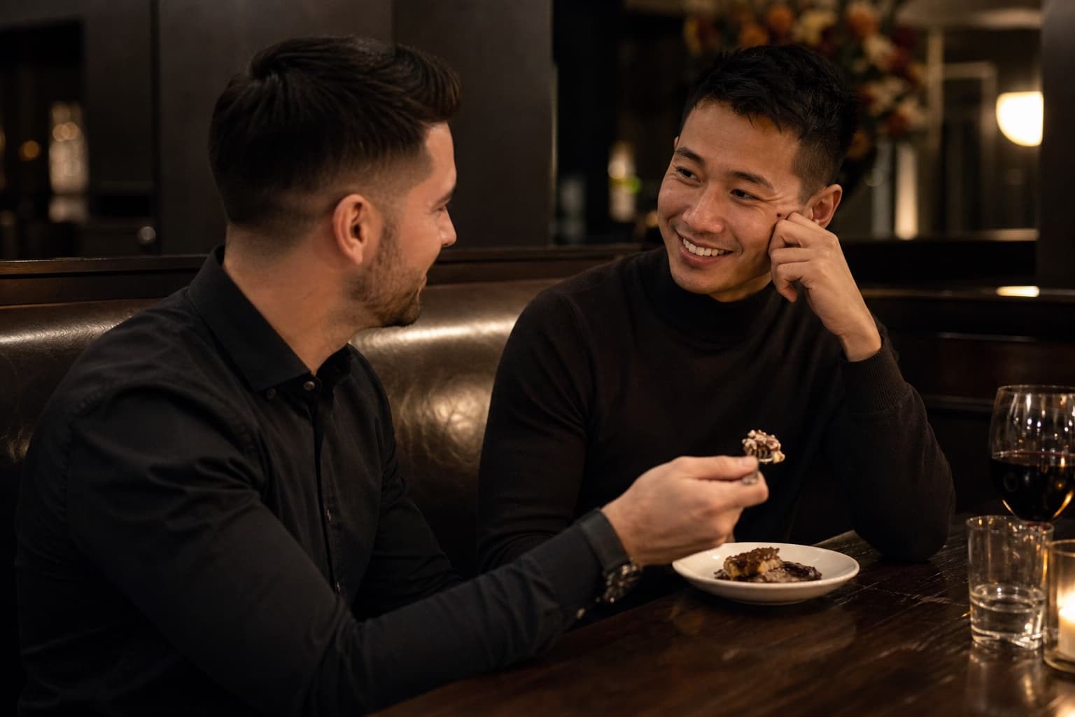 Two men sharing dessert on a relaxed dinner date
