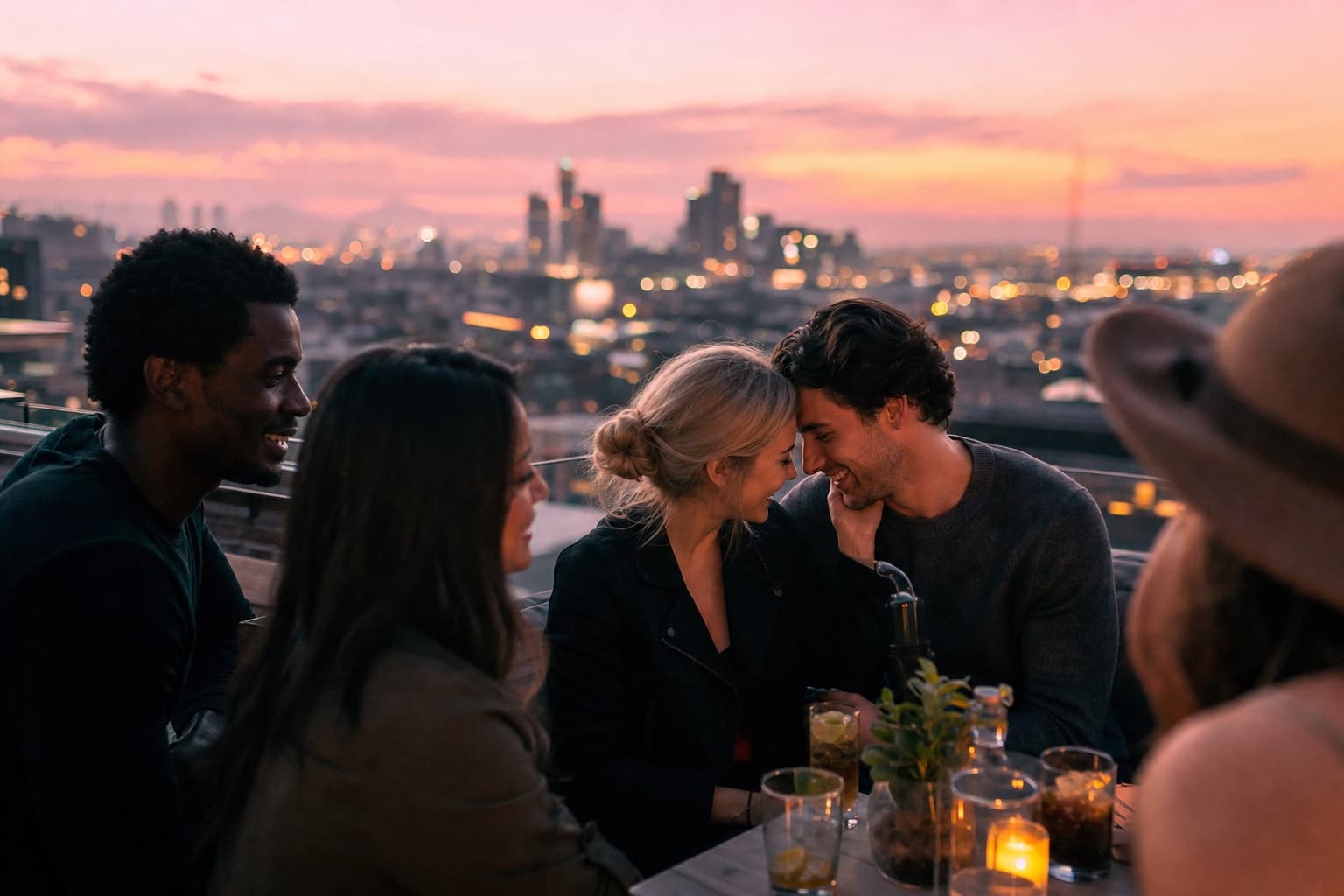 Friends and couples enjoying a rooftop at sunset